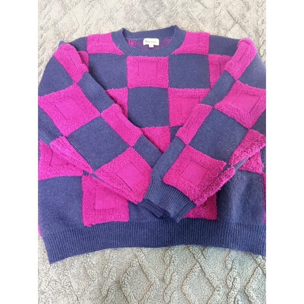 Patchwork Sweater Womens Large Pink Checkerboard Textured Crewneck Chunky
